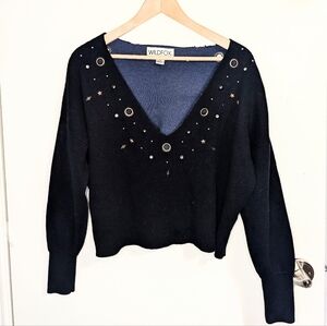 Wildfox Black Cropped Studded V-Neck Sweater XS Star Grommet Knit Top